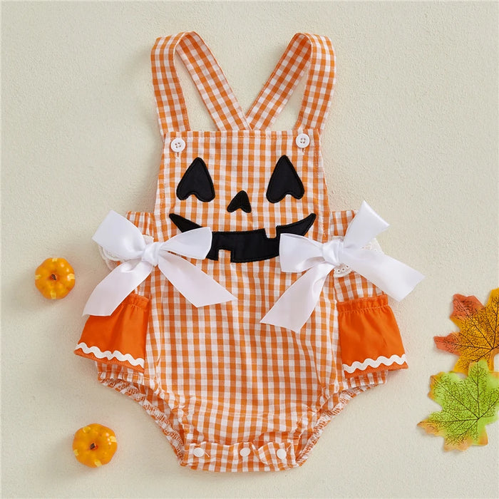 Bambino neonate pagliaccetto di Halloween casual senza maniche collo quadrato zucca plaid stampato tuta moda neonato vestiti appena nati