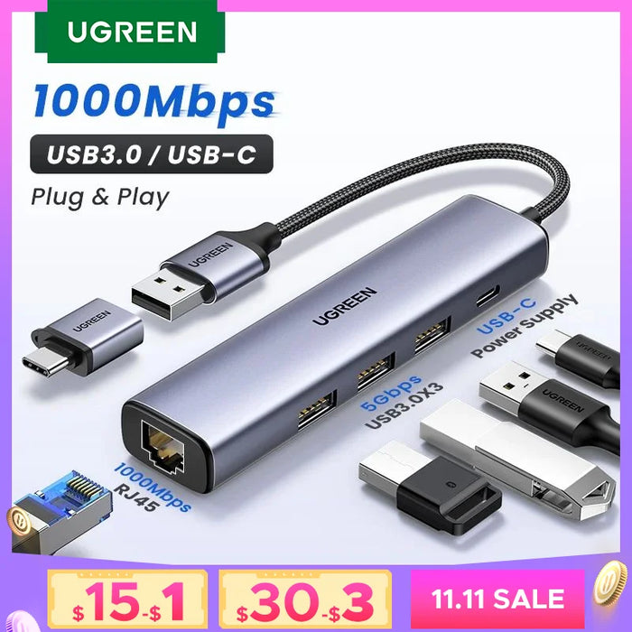 UGREEN USB Ethernet Adapter 1000/100Mbps USB3.0 HUB RJ45 Lan per PC portatile Xiaomi Mi Box Macbook Windows USB-C HUB scheda di rete