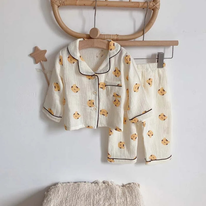 2 pezzi autunno nuovi pigiami per bambini coreano manica lunga stampa orso cardigan e pantaloni indumenti da notte in filato musline di cotone