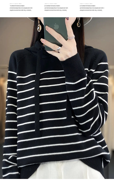 Nuove felpe con cappuccio e felpe in lana a righe per donna Maglioni a maniche lunghe Maglioni lavorati a maglia Capispalla femminili Abbigliamento con cappuccio alla moda