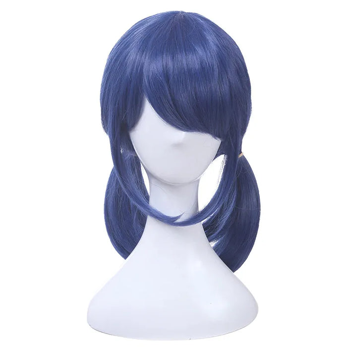 L-e-mail parrucca sintetica per capelli Marinette parrucca Cosplay blu scuro doppia coda di cavallo parrucche da donna resistenti al calore di Halloween diritte
